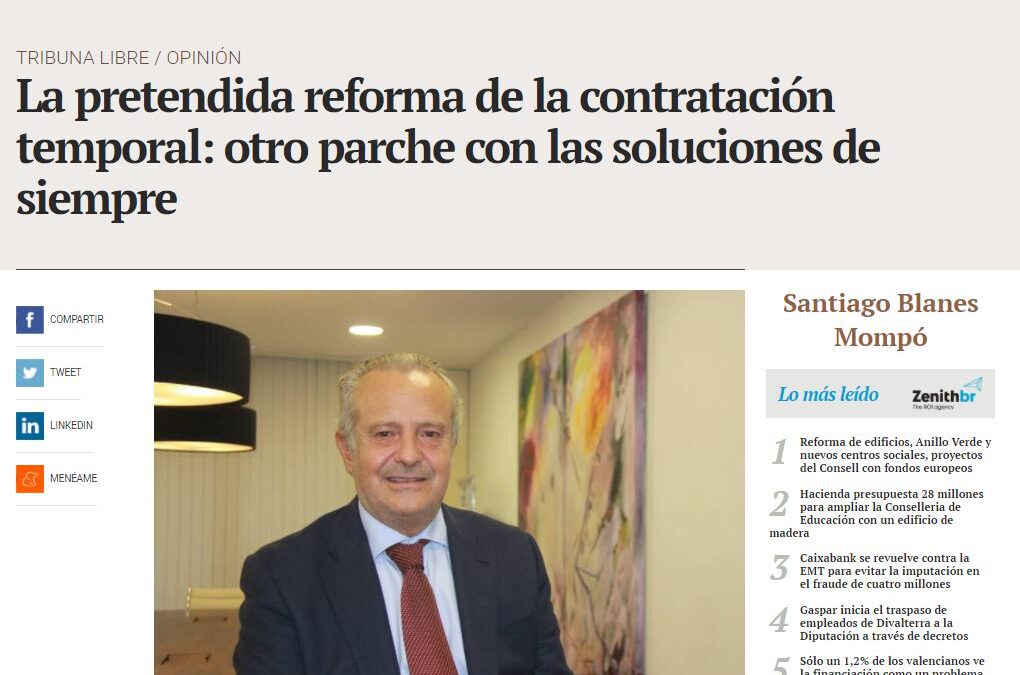 Opinión de Santiago Blanes en Valencia Plaza sobre la reforma de la contratación laboral