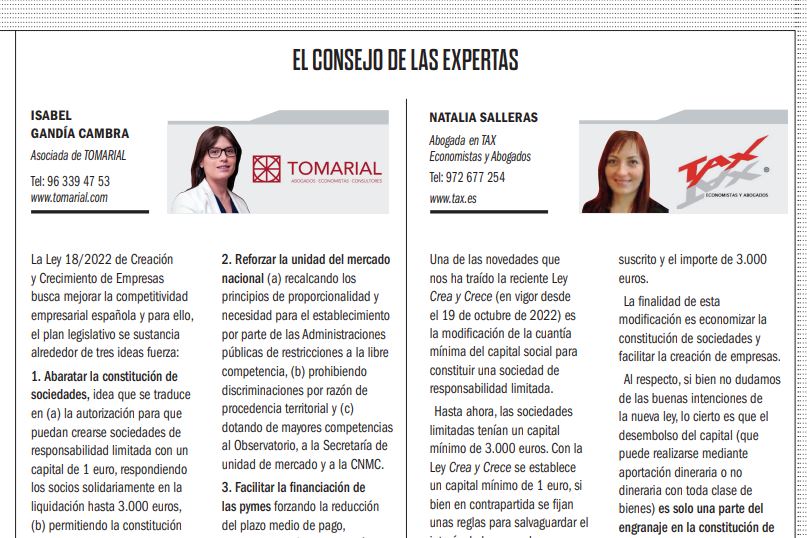 We give our opinion on the Create and Grow Law in Emprendedores magazine